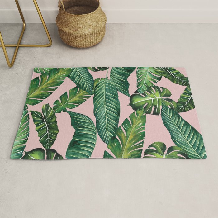 Jungle Leaves, Banana, Monstera II Pink  Rug Gallery Image 1