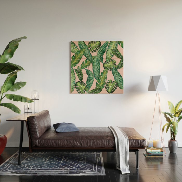 Jungle Leaves, Banana, Monstera II Pink  Wood Wall Art Gallery Image 2