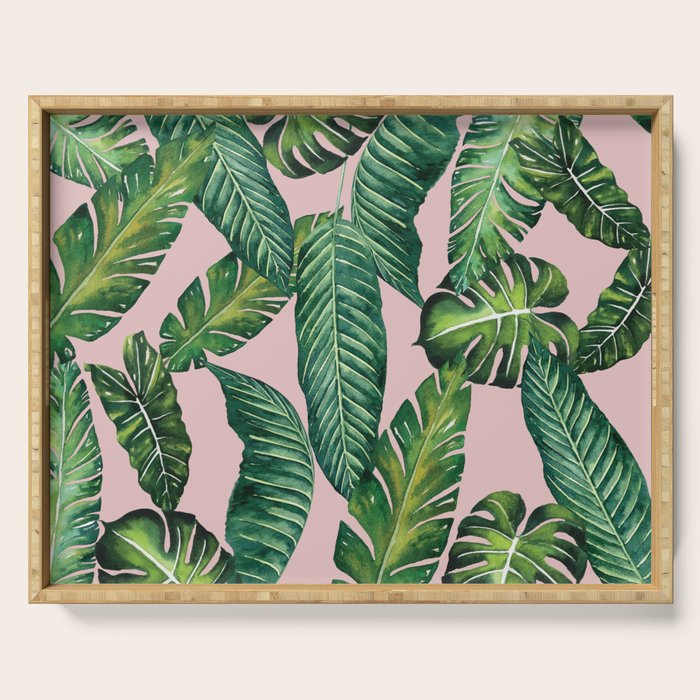Jungle Leaves, Banana, Monstera II Pink  Serving Tray Gallery Image 1