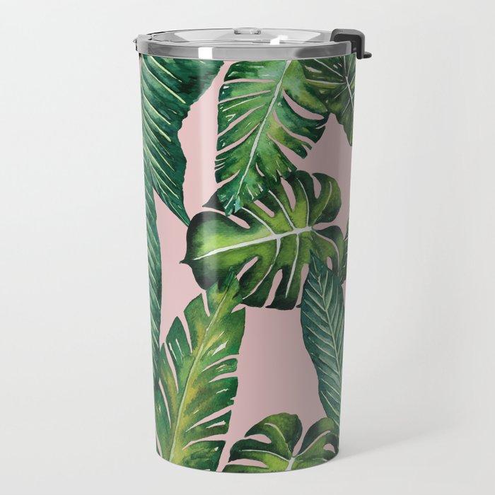 Jungle Leaves, Banana, Monstera II Pink  Travel Mug Gallery Image 2
