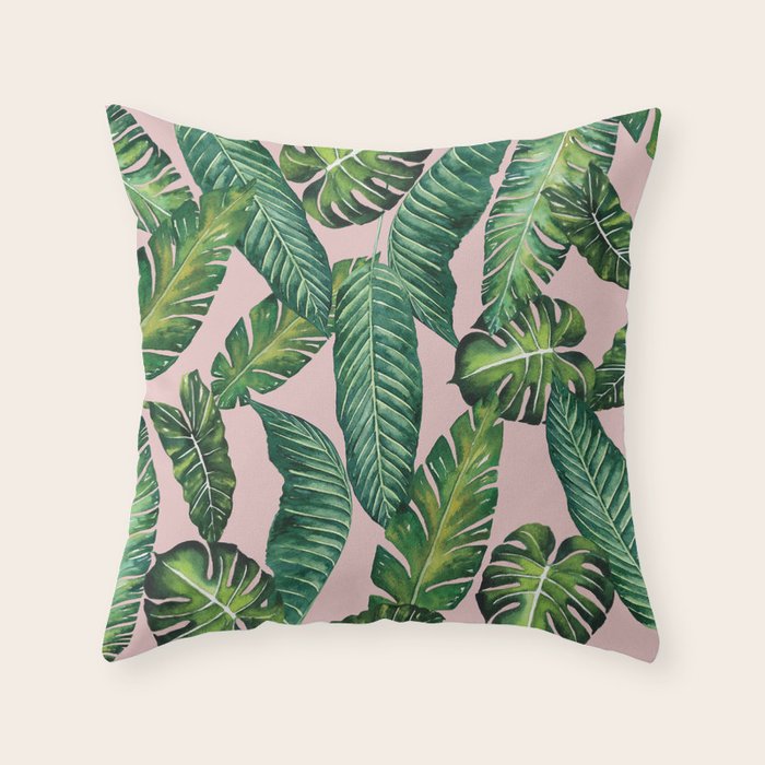 Jungle Leaves, Banana, Monstera II Pink  Throw Pillow Gallery Image 6
