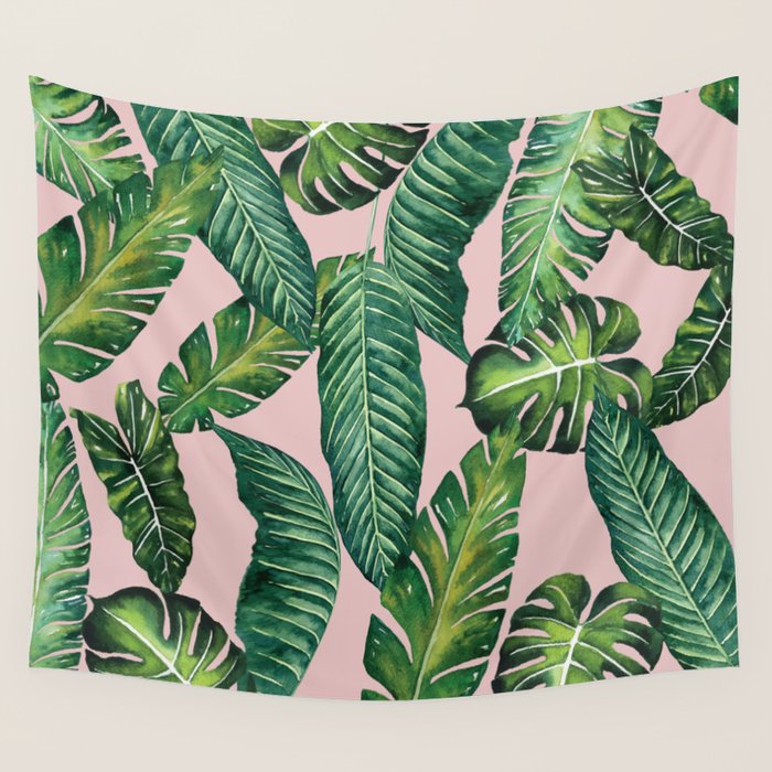 Jungle Leaves, Banana, Monstera II Pink  Wall Tapestry Gallery Image 4