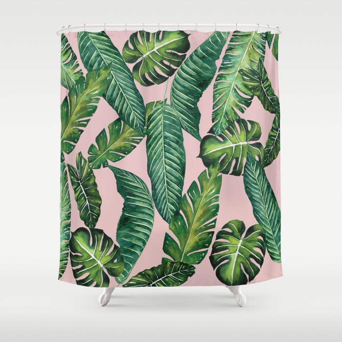 Jungle Leaves, Banana, Monstera II Pink  Shower Curtain Gallery Image 1
