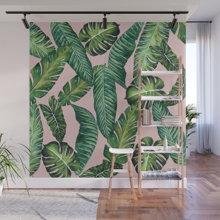 Jungle Leaves, Banana, Monstera II Pink  Wall Mural Gallery Image 1