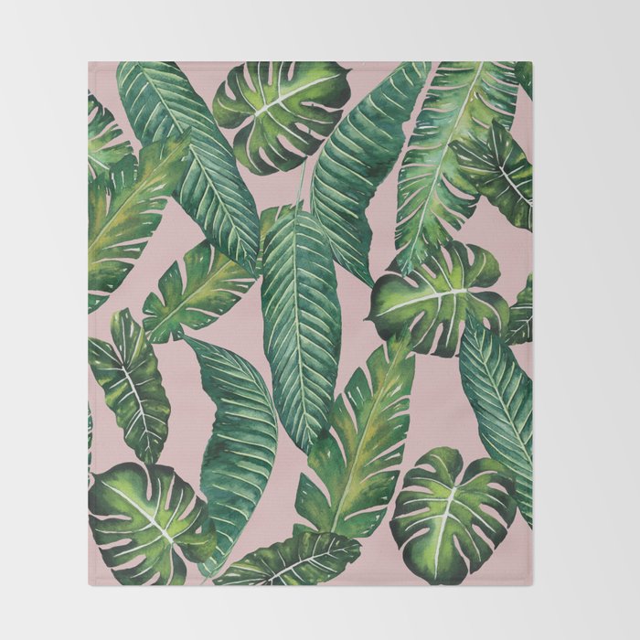 Jungle Leaves, Banana, Monstera II Pink  Throw Blanket Gallery Image 2