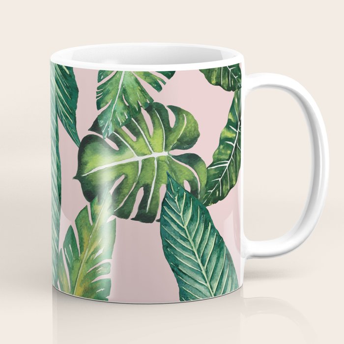 Jungle Leaves, Banana, Monstera II Pink  Coffee Mug Gallery Image 1
