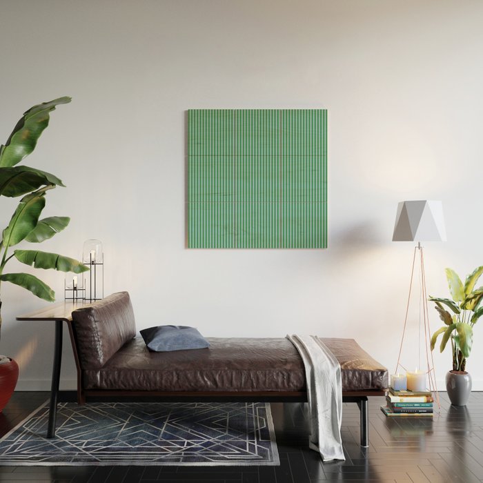 Ultra Fine Stripes Vertical Minimalist Pattern in Contemporary Green and Light Blue Wood Wall Art Gallery Image 2