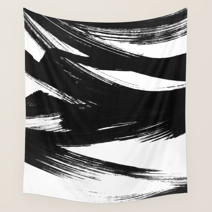 Gestural Abstract Black and White Brush Strokes Wall Tapestry Gallery Image 4
