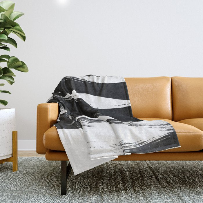 Gestural Abstract Black and White Brush Strokes Throw Blanket Gallery Image 1