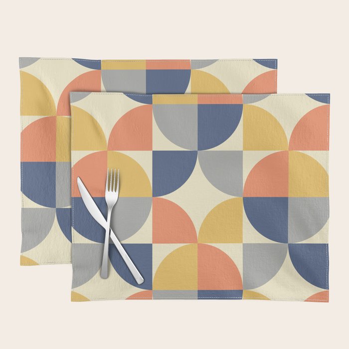 Mid Century Modern Geometric Pattern 445 Blue Yellow Orange Gray and Beige Placemat Gallery Image 1