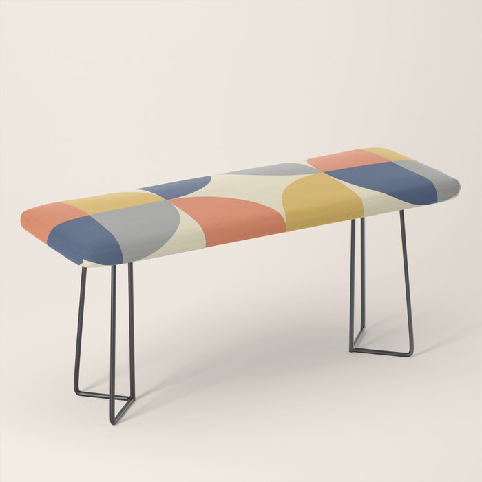 Mid Century Modern Geometric Pattern 445 Blue Yellow Orange Gray and Beige Bench Gallery Image 1