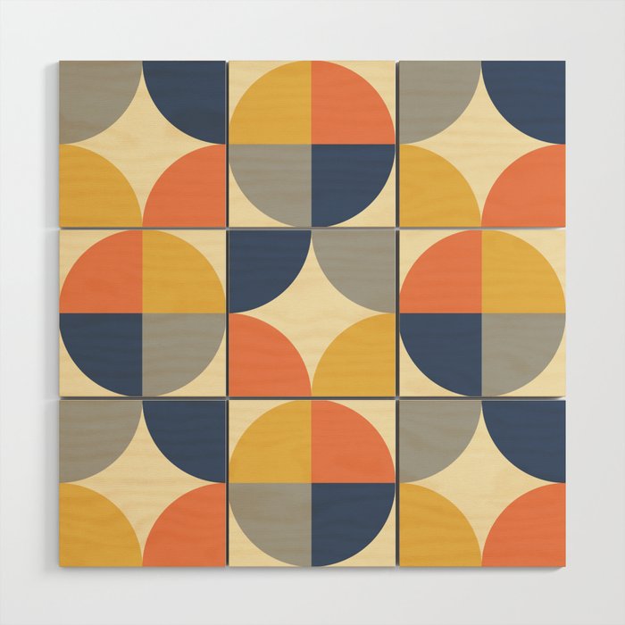 Mid Century Modern Geometric Pattern 445 Blue Yellow Orange Gray and Beige Wood Wall Art Gallery Image 1