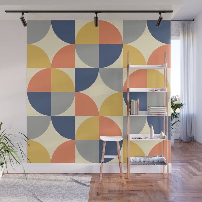 Mid Century Modern Geometric Pattern 445 Blue Yellow Orange Gray and Beige Wall Mural Gallery Image 1