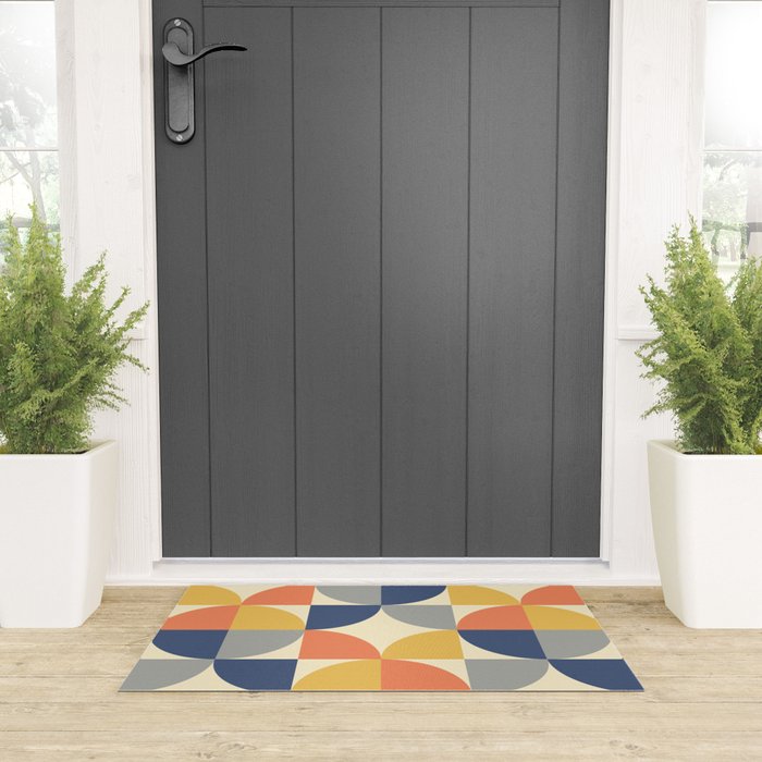 Mid Century Modern Geometric Pattern 445 Blue Yellow Orange Gray and Beige Welcome Mat Gallery Image 3