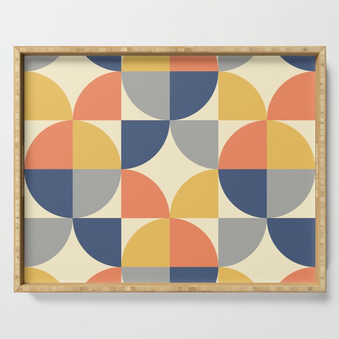 Mid Century Modern Geometric Pattern 445 Blue Yellow Orange Gray and Beige Serving Tray Gallery Image 1