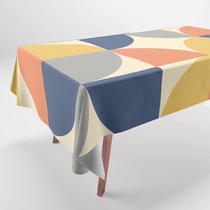 Mid Century Modern Geometric Pattern 445 Blue Yellow Orange Gray and Beige Tablecloth Gallery Image 1