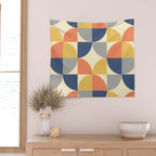 Mid Century Modern Geometric Pattern 445 Blue Yellow Orange Gray and Beige Wall Tapestry Gallery Image 2