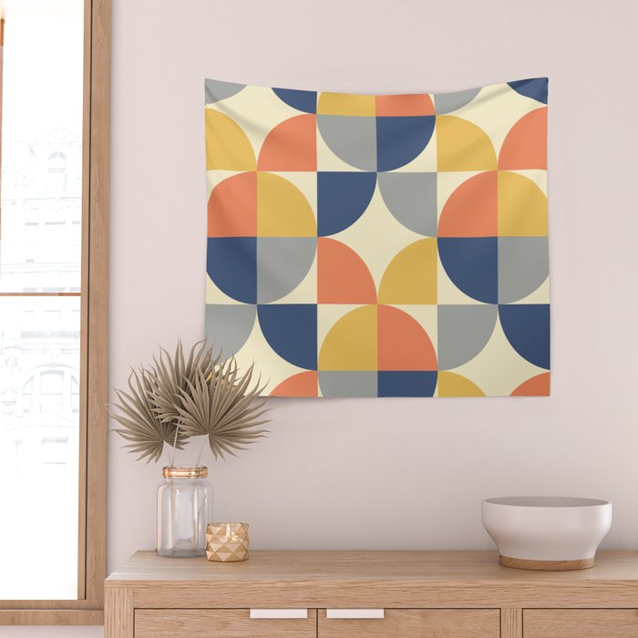 Mid Century Modern Geometric Pattern 445 Blue Yellow Orange Gray and Beige Wall Tapestry Gallery Image 2