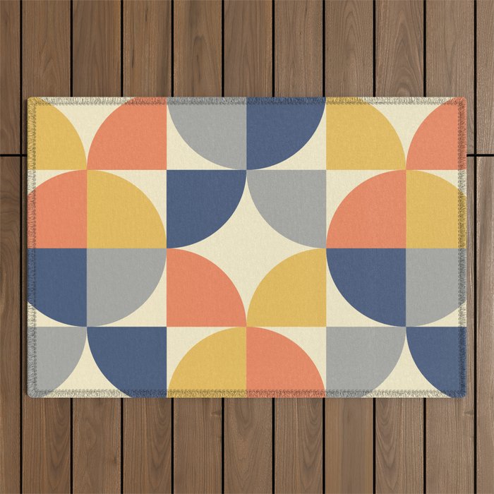 Mid Century Modern Geometric Pattern 445 Blue Yellow Orange Gray and Beige Outdoor Rug Gallery Image 1