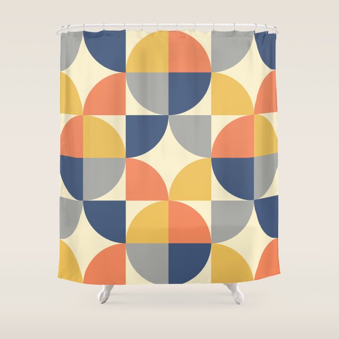 Mid Century Modern Geometric Pattern 445 Blue Yellow Orange Gray and Beige Shower Curtain Gallery Image 1