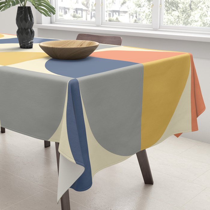 Mid Century Modern Geometric Pattern 445 Blue Yellow Orange Gray and Beige Tablecloth Gallery Image 3