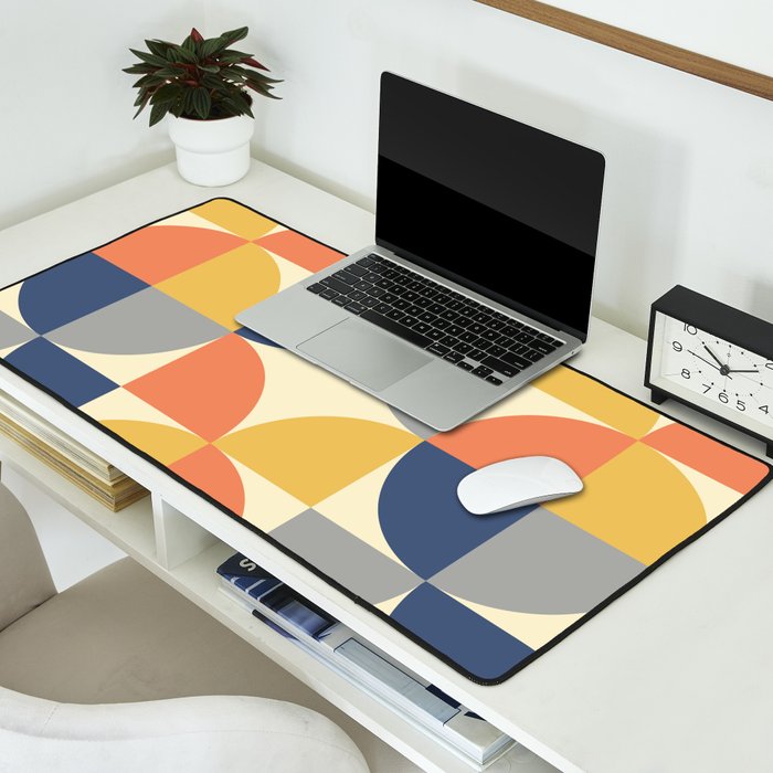 Mid Century Modern Geometric Pattern 445 Blue Yellow Orange Gray and Beige Desk Mat Gallery Image 2