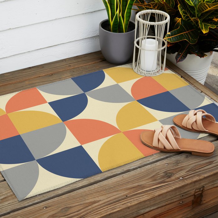 Mid Century Modern Geometric Pattern 445 Blue Yellow Orange Gray and Beige Outdoor Rug Gallery Image 2