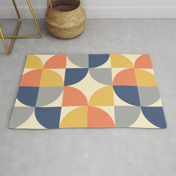 Mid Century Modern Geometric Pattern 445 Blue Yellow Orange Gray and Beige Rug Gallery Image 1