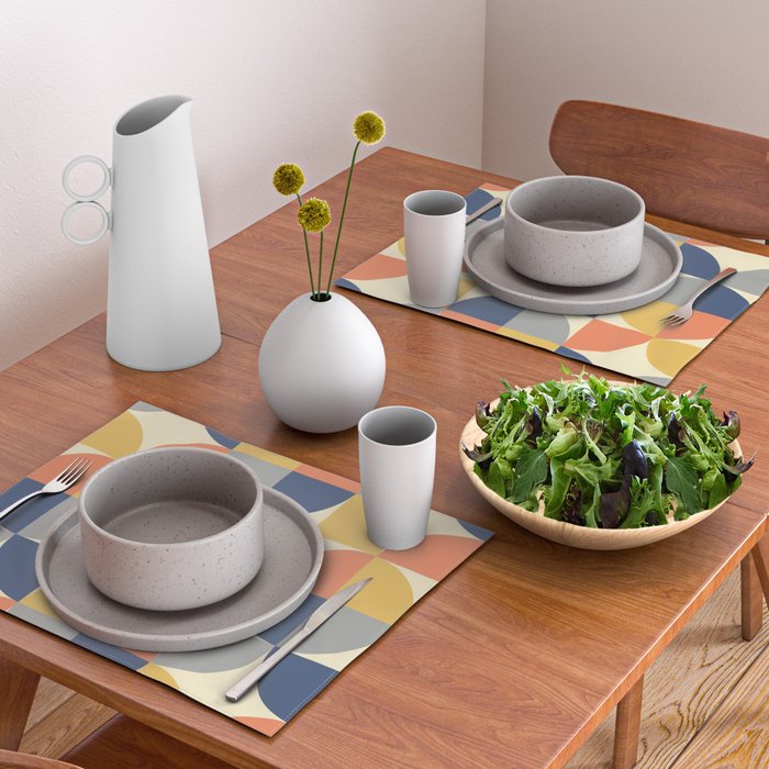 Mid Century Modern Geometric Pattern 445 Blue Yellow Orange Gray and Beige Placemat Gallery Image 2