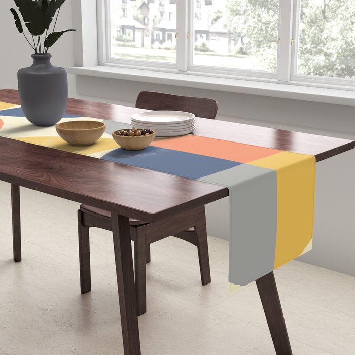 Mid Century Modern Geometric Pattern 445 Blue Yellow Orange Gray and Beige Table Runner Gallery Image 2