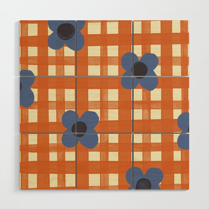 Red floral check pattern Wood Wall Art Gallery Image 1