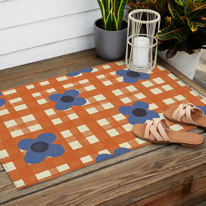 Red floral check pattern Outdoor Rug Gallery Image 2