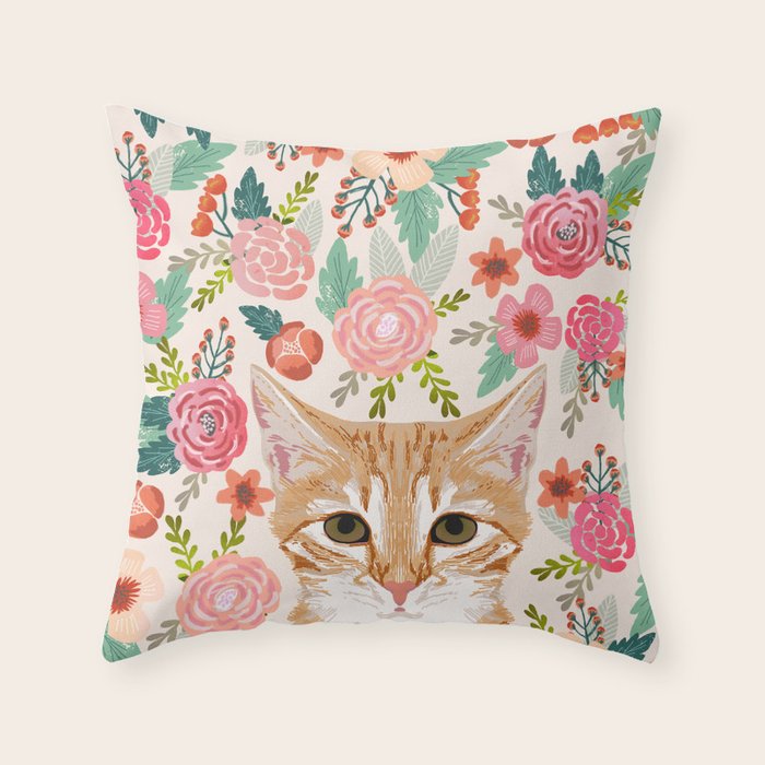 Tabby Cat florals cute spring garden kitten orange tabby cat lady funny girly cat art pet gifts  Throw Pillow Gallery Image 1