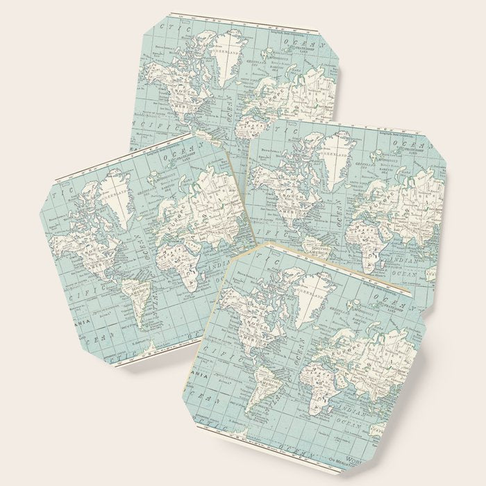 World Map in Blue and Cream Coaster Gallery Image 1