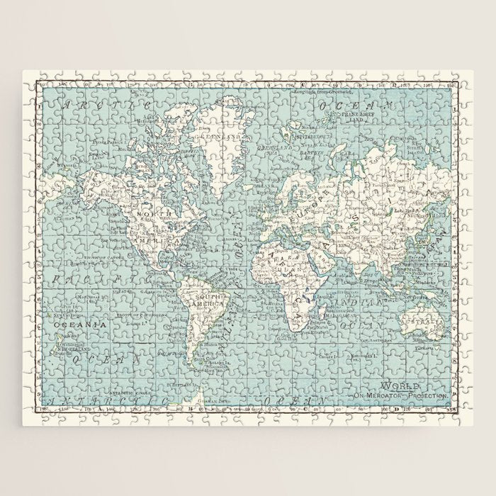 World Map in Blue and Cream Jigsaw Puzzle Gallery Image 1