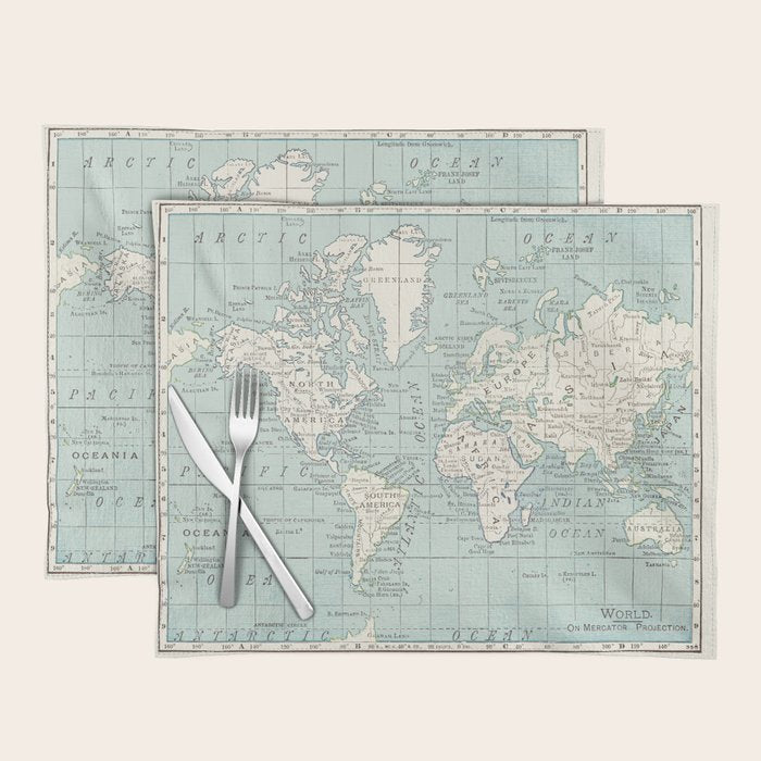 World Map in Blue and Cream Placemat Gallery Image 1