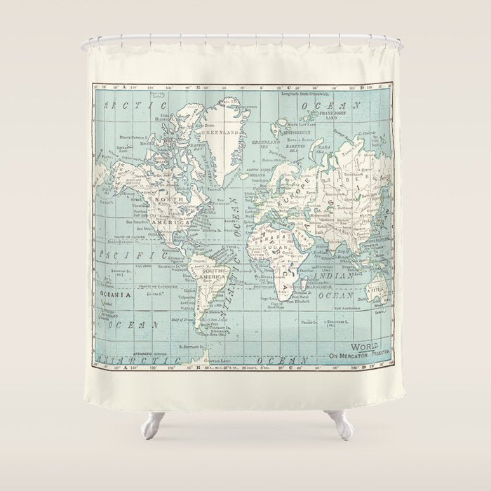World Map in Blue and Cream Shower Curtain Gallery Image 1