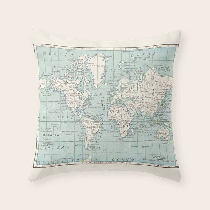 World Map in Blue and Cream Throw Pillow Gallery Image 6