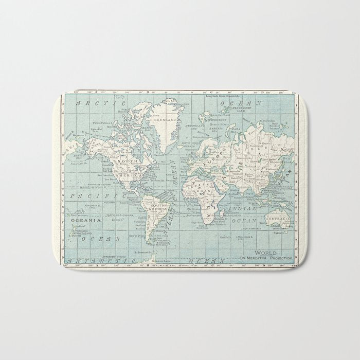 World Map in Blue and Cream Bath Mat Gallery Image 1