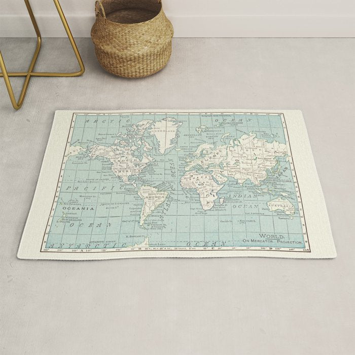 World Map in Blue and Cream Rug Gallery Image 1