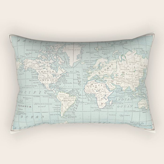 World Map in Blue and Cream Rectangular Pillow Gallery Image 1