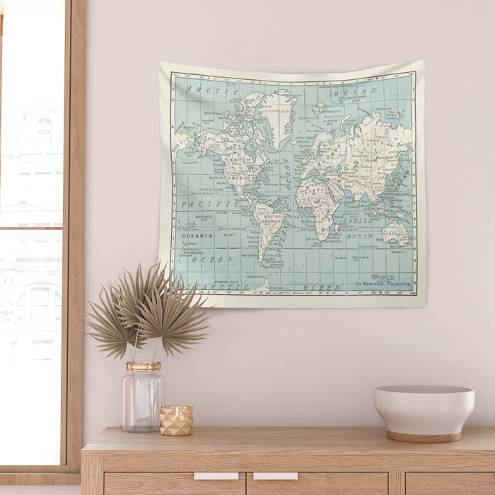 World Map in Blue and Cream Wall Tapestry Gallery Image 2