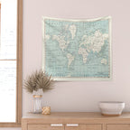 World Map in Blue and Cream Wall Tapestry Gallery Image 2