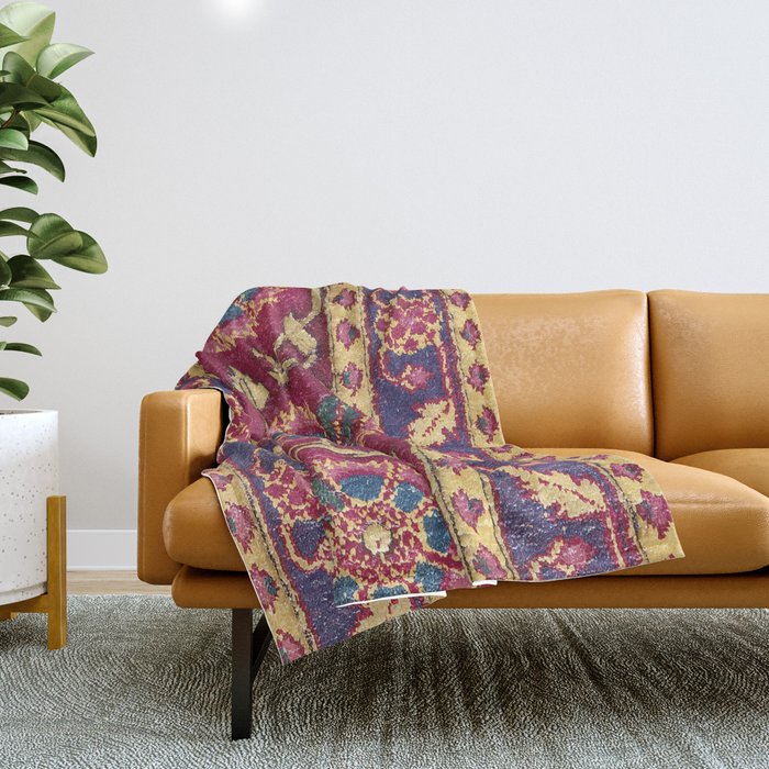 Mughal North Indian Late 17th Century Silk Carpet Print Throw Blanket Gallery Image 1