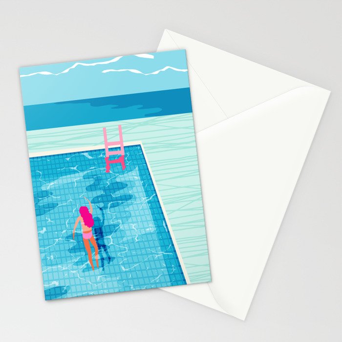 In Deep - memphis throwback swimming athlete palm springs resort vacation country club infinity pool Stationery Card Gallery Image 2