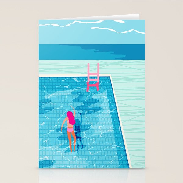 In Deep - memphis throwback swimming athlete palm springs resort vacation country club infinity pool Stationery Card Gallery Image 1