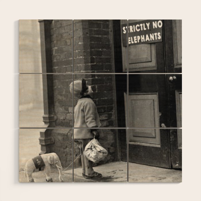 'Strictly No Elephants' vintage humorous child verses the world black and white photograph / black and white photography Wood Wall Art Gallery Image 1
