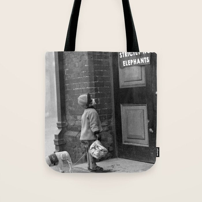 'Strictly No Elephants' vintage humorous child verses the world black and white photograph / black and white photography Tote Bag Gallery Image 1