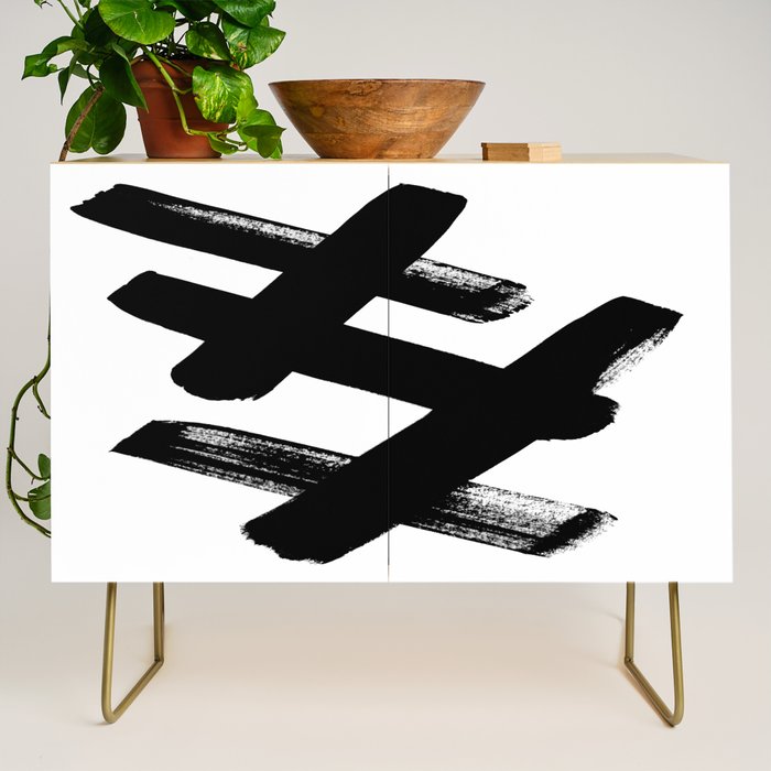 X Black & White Minimalist Abstract Mid century Ink Art Dark Brush Strokes Credenza Gallery Image 1
