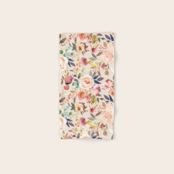 Hand painted ivory pink brown watercolor country floral Bath Towel Gallery Image 1